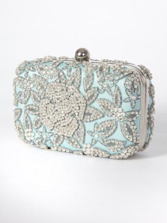 Sitara Clutch Purse - Brilliant diamantes set in floral pattern on aqua silk - My Darling Jeannie